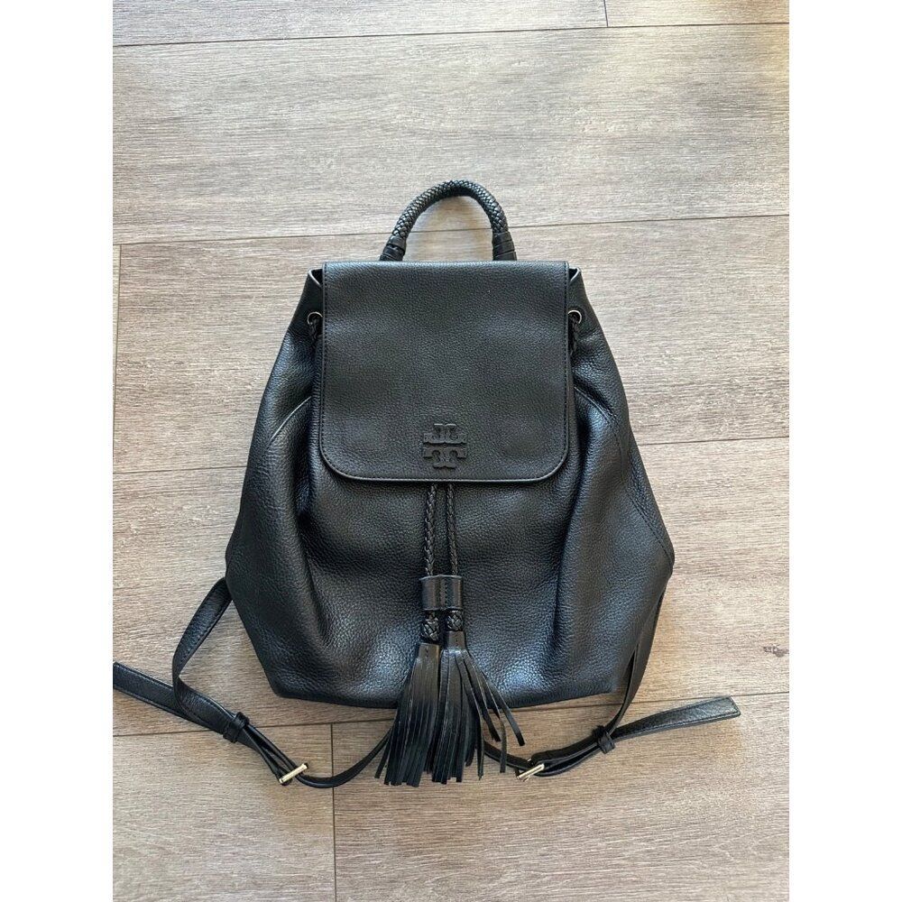Tory Burch Black Pebbled Leather Tassel Drawstring Backpack